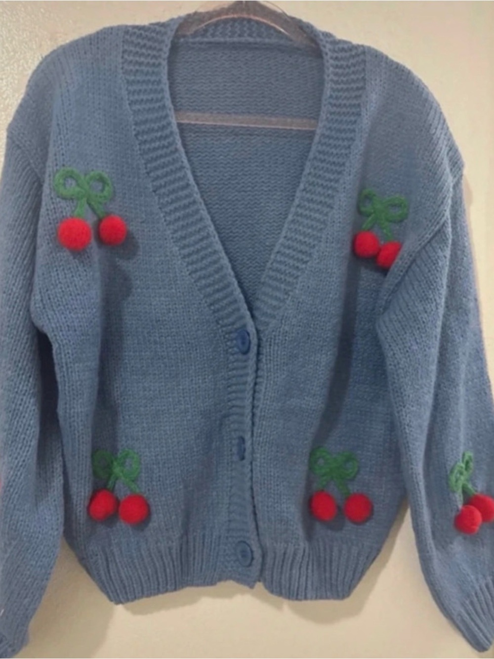 Amazon Blue Knit Cardigan with Red Cherry Appliqués
